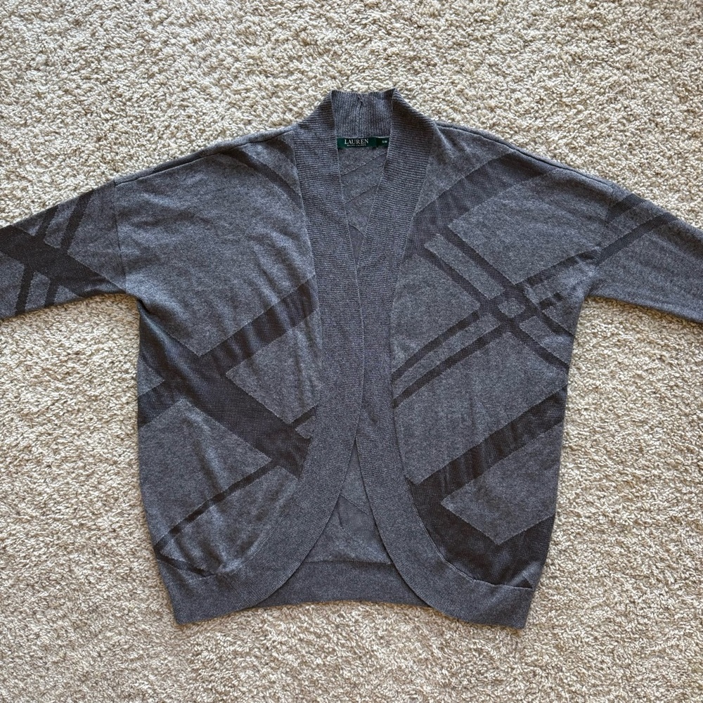 Lauren Ralph Lauren Open Front Cardigan Gray Vintage Green Tag Preppy Wool S/Med